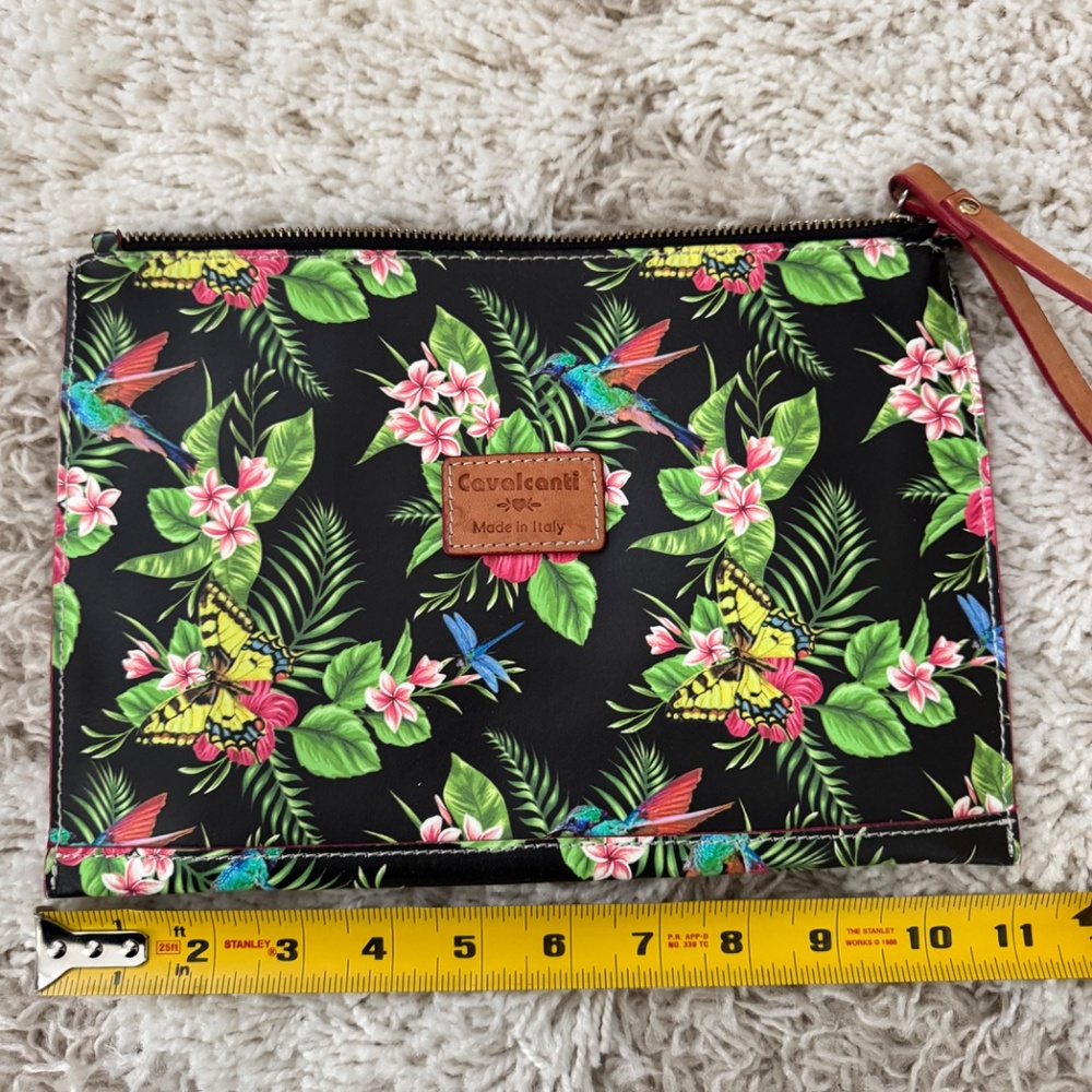 Cavalcanti Leather Clutch Bag with Strap in Black with Butterfly and Flower